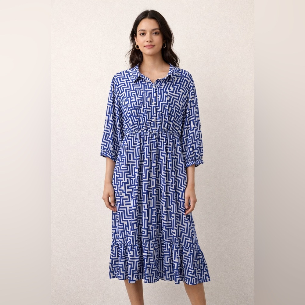 Stella & Julie Women's Dress 18W Greek Key Blue and White Long Sleeve Career